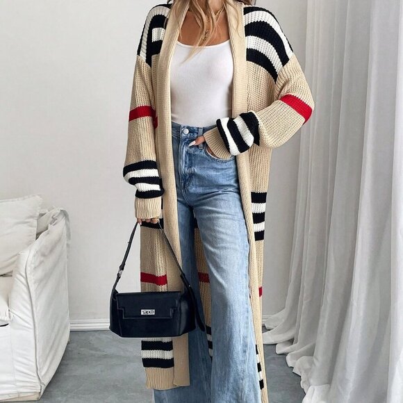 Multicolor Casual Women's Classic Striped open front sweater Cardigan - Picture 3 of 6